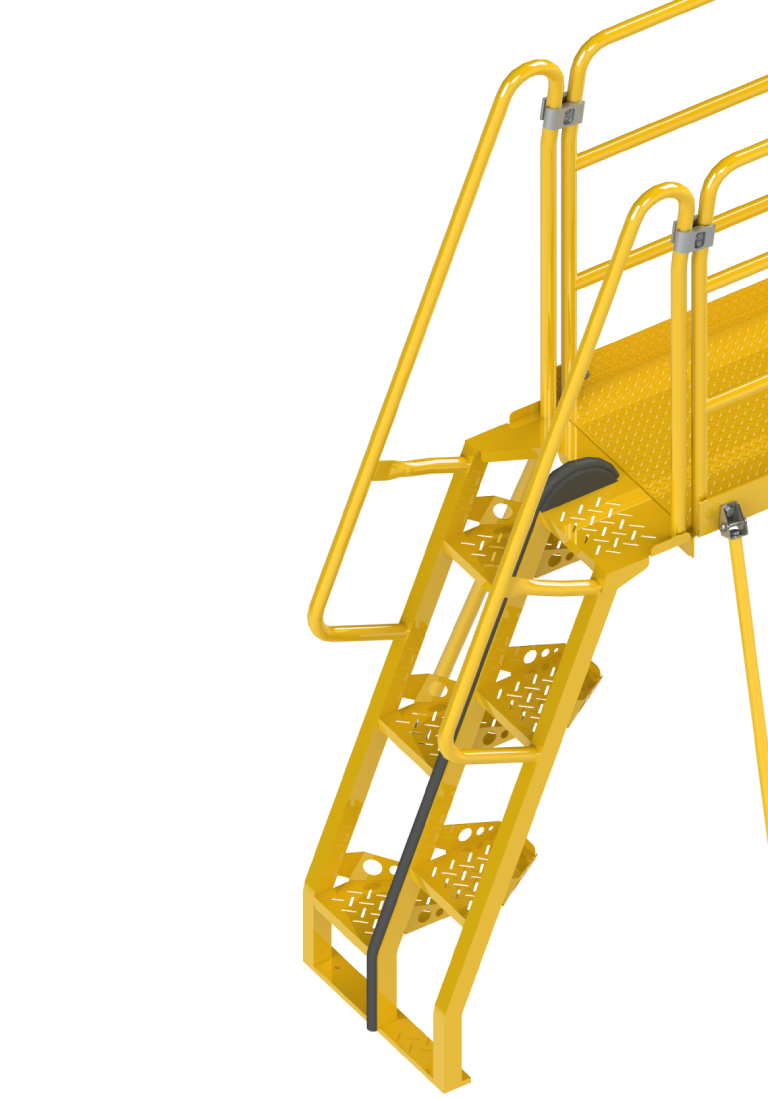 yellow ladder that is attached to the side of a building, resembling industrial stairs