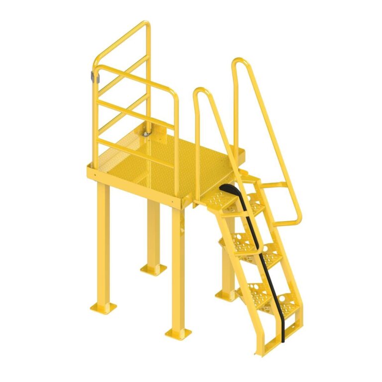 Equipment Maintenance Platform, Alternating Tread Stair, 68 Degree, Right Exit, Powder Coated Yellow