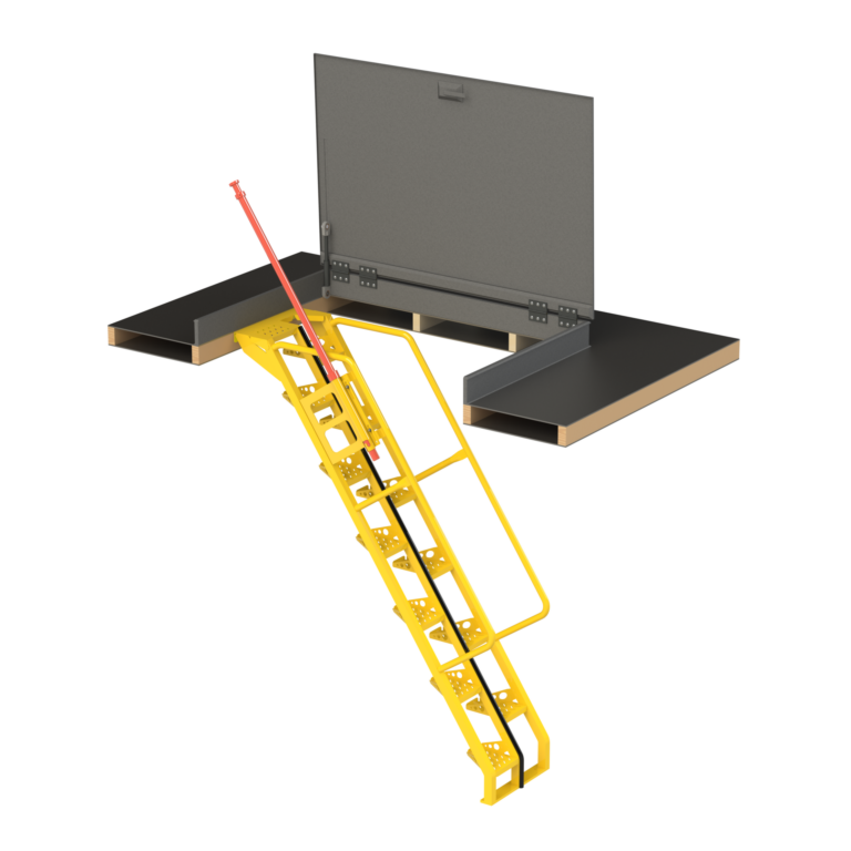 yellow ladder resembling industrial stairs with a laptop on top of it