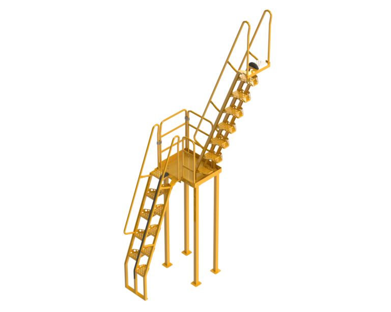 A yellow metal industrial staircase with a spiral design