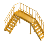A commercial yellow staircase with steps and railings