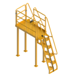 A commercial yellow metal staircase with sturdy railings