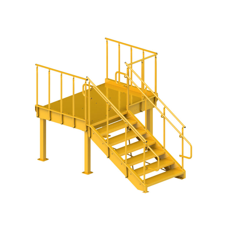 yellow industrial staircase with a hand rail and steps
