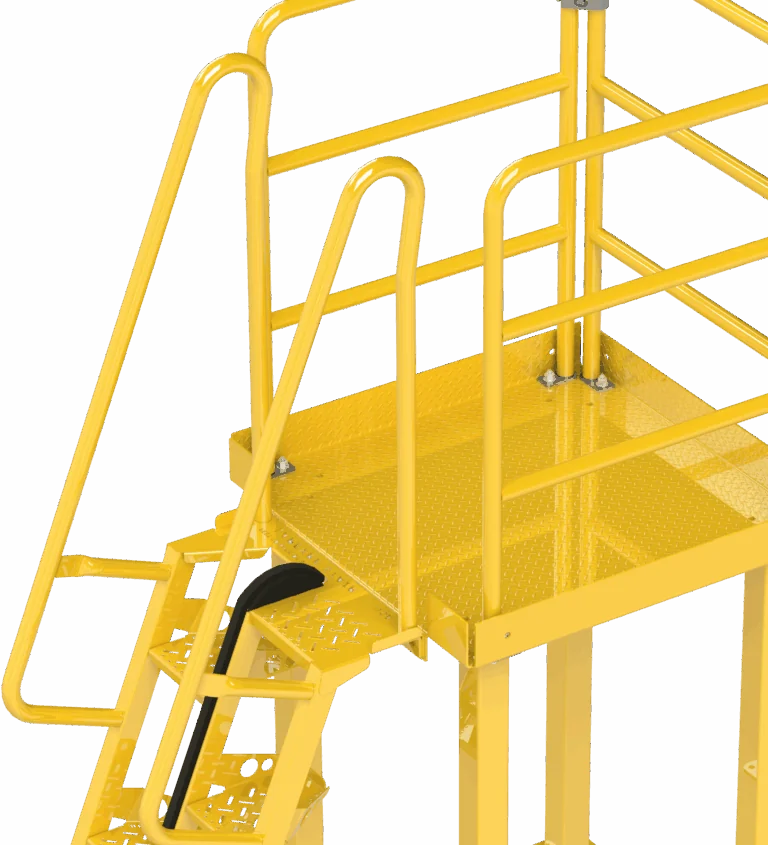 yellow metal structure with a hand rail resembling industrial stairs or crossover stairs