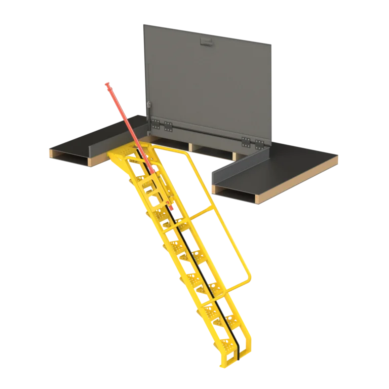 yellow ladder resembling industrial stairs with a laptop on top of it