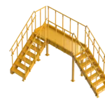 A commercial yellow staircase with steps and railings