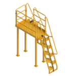 A commercial yellow metal staircase with sturdy railings
