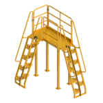 A commercial playground set featuring industrial stairs and railings in yellow