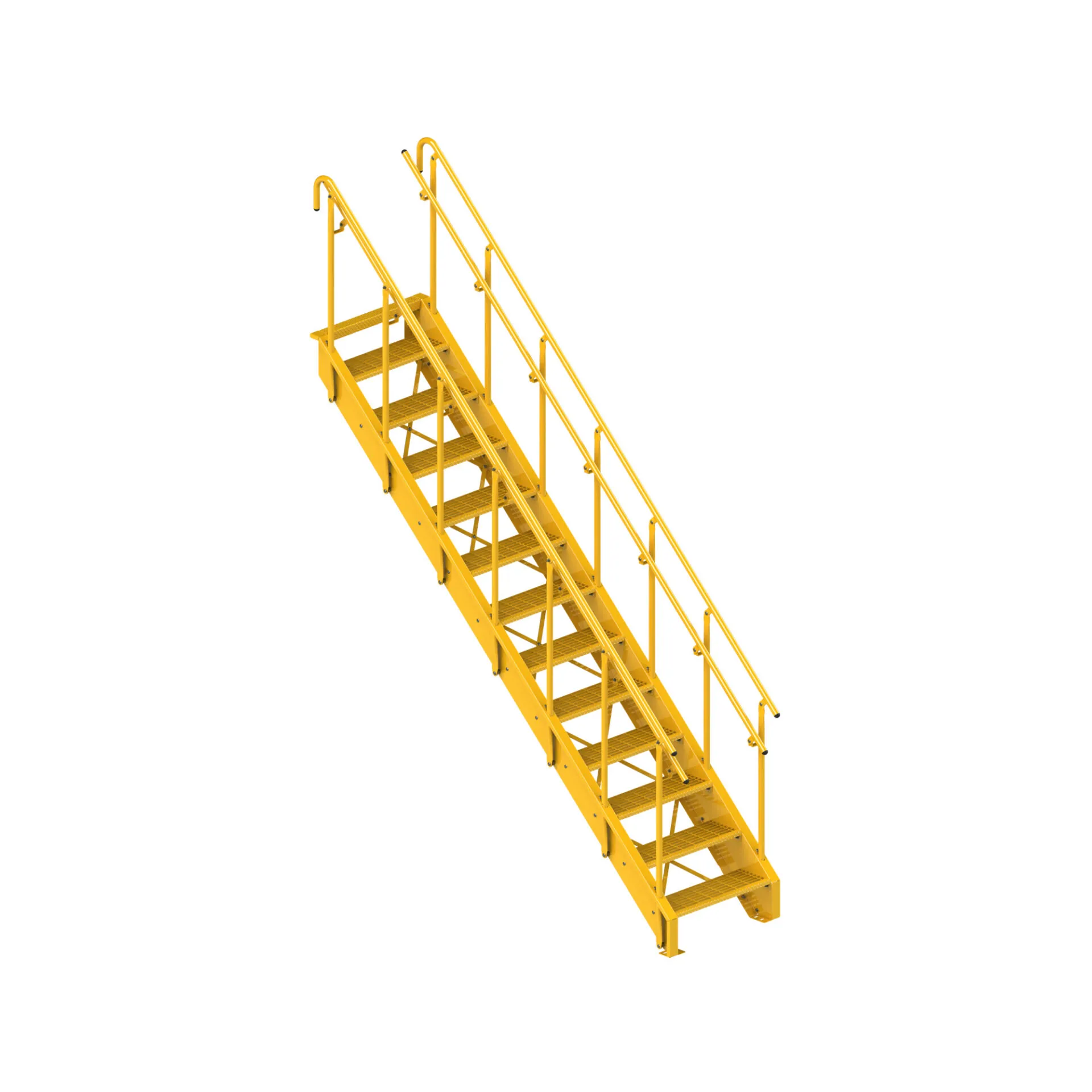 yellow fire escape ladder, resembling industrial stairs, on a white background
