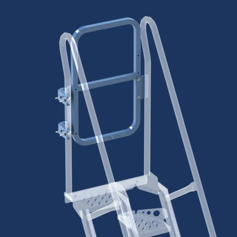 white hand truck with a handle on a blue background suitable for use with industrial stairs and work platforms
