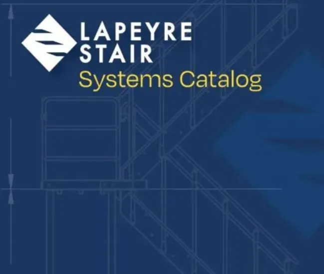 a blue background featuring the words Lapeyre Stair Systems Catalog, showcasing industrial and commercial stairs